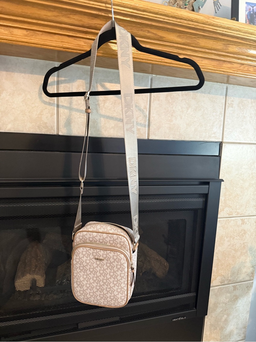 DKNY Beige Logo Crossbody Bag with Logo Strap